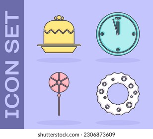 Set Christmas wreath, Cake, Lollipop and Clock icon. Vector