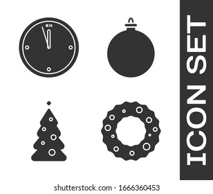 Weihnachtskranz, Uhren, Weihnachtsbaum mit Dekorationen und Weihnachtskugel-Ikone. Vektorillustration
