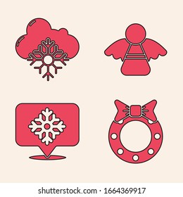 Fija flores de Navidad, Nube con nieve, ángel de Navidad y copos de nieve con icono de burbuja de habla. Vector