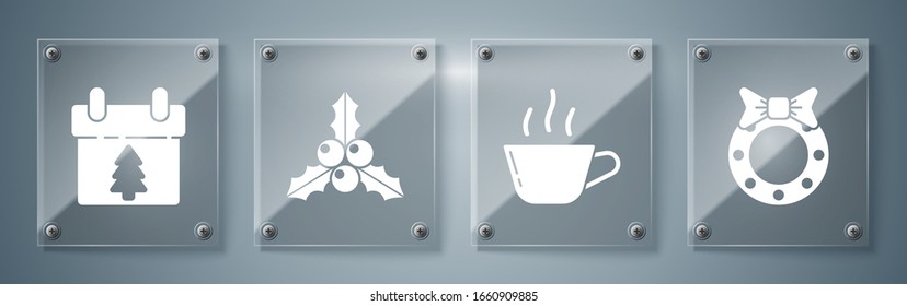 Set Christmas wreath, Coffee cup, Branch viburnum or guelder rose and Calendar. Square glass panels. Vector