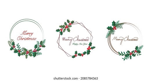 Set of Christmas wreath decoration with greens and winter berries. decorative floral round frame for winter holiday. Vector illustration.