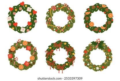 Set of Christmas wreath with decorations, berries, dried fruits, bows, garland, candy canes, pine cone. Winter floral collection. Vector flat illustration of winter holiday isolated on white 