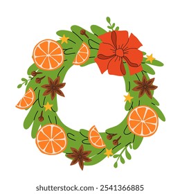 Set of Christmas wreath with decorations, berries, dried fruits, bows, garland, candy canes, pine cone. Winter floral collection. Vector flat illustration of winter holiday isolated on white