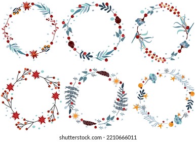 Set of Christmas wreath with flowers, leaves, red berries, stars and other. Pastel Winter wreath for greeting cards, poster, postcard, banner. Vector.