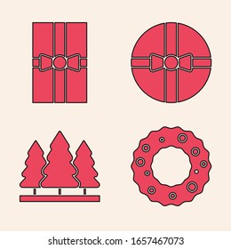 Set Christmas wreath, Gift box, Gift box and Christmas trees icon. Vector