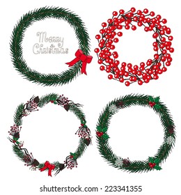 Set of Christmas wreath. Hand drawn vector illustration.
