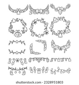 Set of christmas wreath hand drawn outline sketch illustration