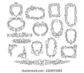 Set of christmas wreath hand drawn outline sketch illustration