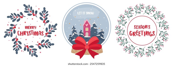 Set of Christmas wreath. Hand drawn illustration, flat style, vector design. Great for poster, greeting card, sticker