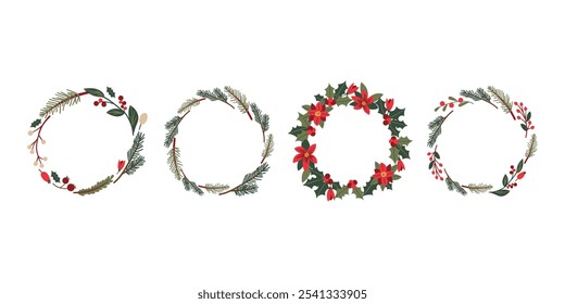 Set of Christmas wreath of holly with red berries. Green leaf with a greeting Merry Christmas. New Year holiday celebration in December. Hand drawn cozy winter elements isolate on white.