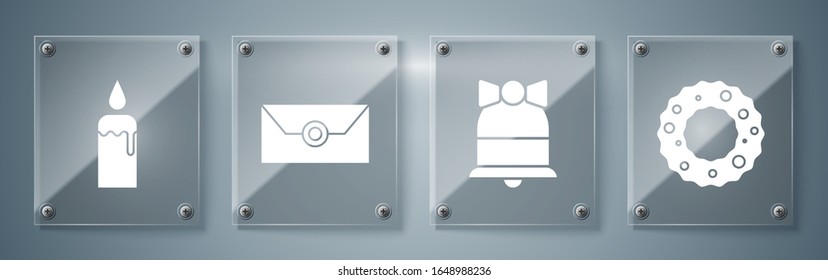 Set Christmas wreath, Merry Christmas ringing bell, Envelope with christmas party invitation card and Burning candle in candlestick. Square glass panels. Vector