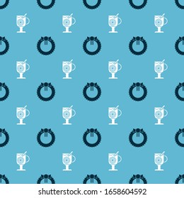 Set Christmas wreath and Mulled wine with glass of drink on seamless pattern. Vector