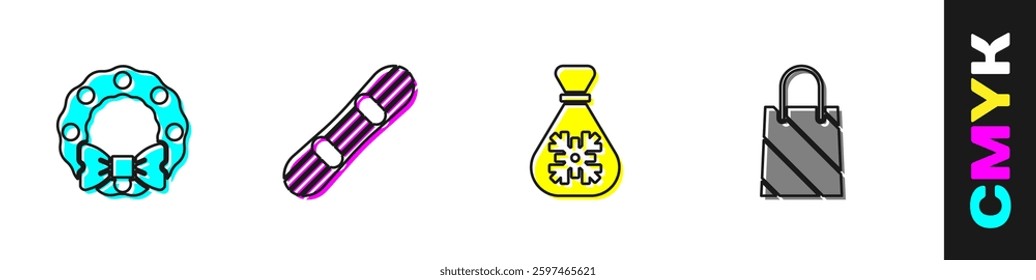 Set Christmas wreath, Snowboard, Santa Claus bag gift and shopping icon. Vector