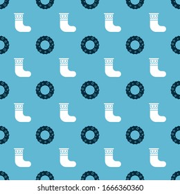 Set Christmas wreath and Christmas stocking on seamless pattern. Vector