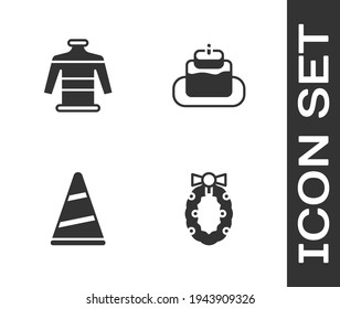 Set Christmas wreath, sweater, Party hat and Cake icon. Vector