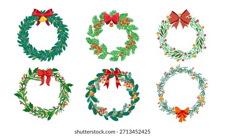 Conjunto de Navidades Vector de corona. Un Vector de corona de Navidades bellamente elaborado con exuberantes hojas verdes, bayas, adornos y Elementos decorativos festivos