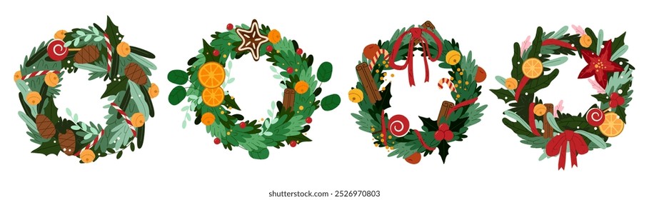 Set of Christmas wreath. Vector round frames or icons. Home interior decor for winter holidays, festive decorations. Spruce or fir tree twigs with Xmas ornaments, ribbon, lollipops and pinecones.