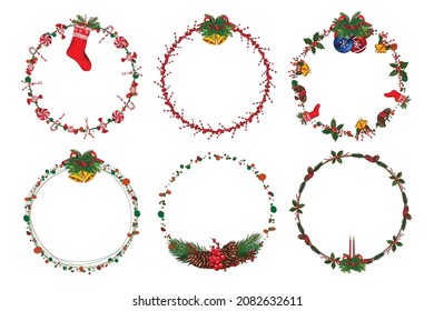 Set of christmas wreath with winter floral elements. Vector illustration.
