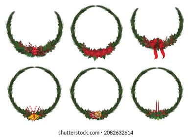 Set of christmas wreath with winter floral elements. Vector illustration.
