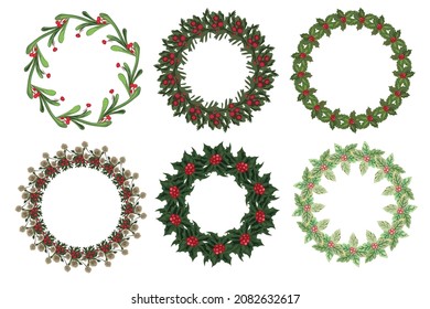 Set of christmas wreath with winter floral elements. Vector illustration.
