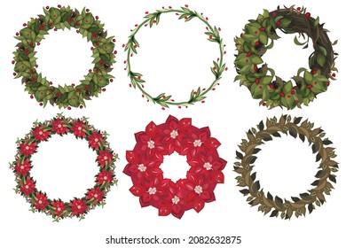 Set of christmas wreath with winter floral elements. Vector illustration.
