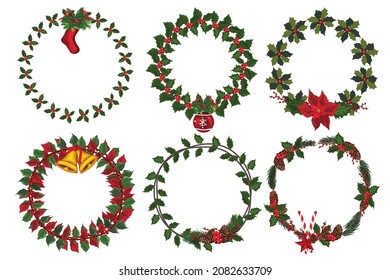 Set of christmas wreath with winter floral elements. Vector illustration.
