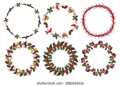 Set of christmas wreath with winter floral elements. Vector illustration.
