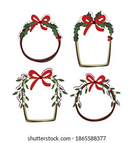 Set of christmas wreathes with holly and mistletoe branches isolated on white. Round and square frames for Christmas cards and winter design. Vector decorative elements