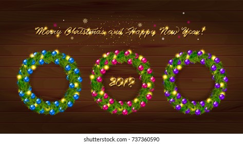 Set of Christmas wreaths with Christmas balloons and the words happy new year. On wooden background