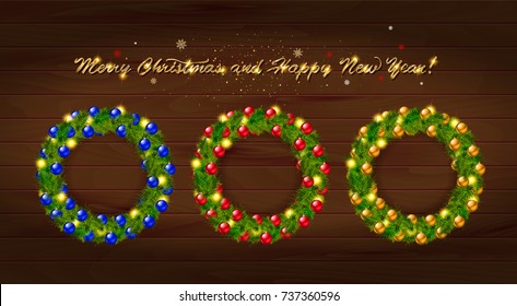 Set of Christmas wreaths with Christmas balloons and the words happy new year. On wooden background
