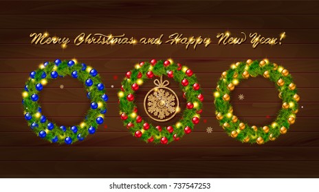 Set of Christmas wreaths with Christmas balloons and the words happy new year. On wooden background