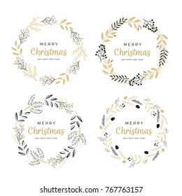 Set of Christmas wreaths with black and gold branches and pine cones. Unique design for your greeting cards, banners, flyers. Vector illustration in modern style.