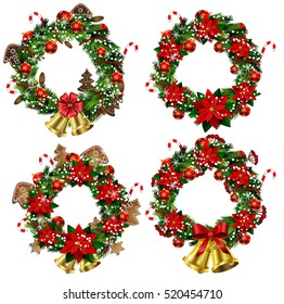 Set of Christmas wreaths and bow and bells isolated on white background with poinsettia