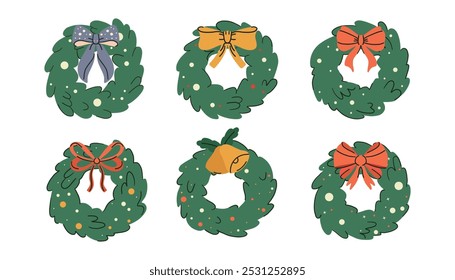 Set of christmas wreaths with bows.  Collection for Invitation or Greeting Card. Flat vector Illustration