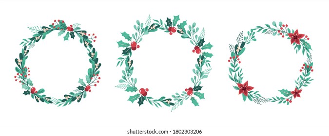 Set of Christmas wreaths of branches, leaves, berries, holly, white mistletoe, poinsettia. Isolated on white background. Round frame with place for text. Vector illustration.