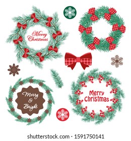 Set of christmas wreaths. Branches of pine and spruce, berries, bows. Great for stickers, cards, invitations, scrapbooking, gift wrapping, school projects, creative projects, date cards, stationery