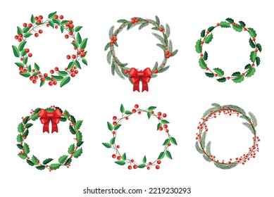 Set of Christmas wreaths in cartoon style. Vector illustration of wreaths from different trees and berries with bows for decoration for the holiday on white background.