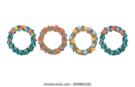 A set of Christmas wreaths of different designs. Vector illustration. 