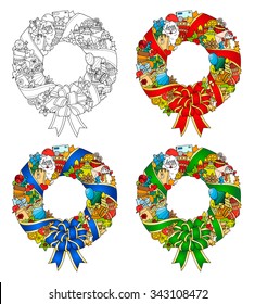 Set of Christmas wreaths. Doodle pattern with balloons, bells, sweets, Christmas socks, gifts, mittens, envelope, letter, tree, stars, candle, bird, snowman, ball, bow, heart and Santa Claus.