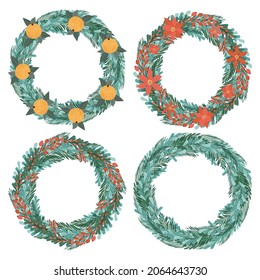 Set of Christmas wreaths with fir branches, flowers, berries and oranges. Isolated flat vector illustration.
