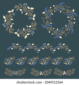 Conjunto de coronas navideñas, marcos, bordes sobre un fondo oscuro