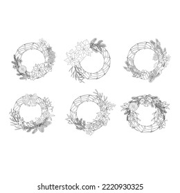 Set of Christmas Wreaths and Frames with Florals. Vector Illustration.