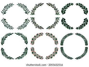 Un conjunto de coronas navideñas de hojas verdes y bayas para decorar una tarjeta navideña.