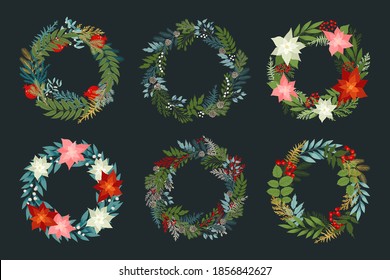 Set of Christmas wreaths with holly berries, poinsettias, pine and fir branches, cones, winter plants, rowan. Vector design elements for your holiday cards. Xmas traditional set