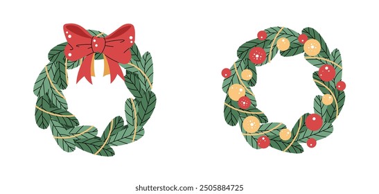 Set of Christmas wreaths isolated on white. Christmas concept. Wreath simple icon. Vector illustration of Christmas door decor.