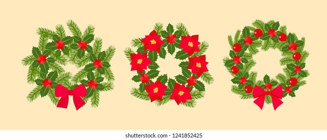 Set of Christmas wreaths, isolated, vector illustration,
