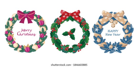 Set of Christmas wreaths made of leaves and berries of mistletoe, spruce branches, bows, Christmas balls, stars, bells. Vector, white background, isolated.