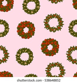 Set of Christmas wreaths with mistletoe. Seamless pattern. Vector illustration.