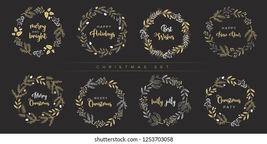 Set of Christmas wreaths on black background. Unique design for greeting cards