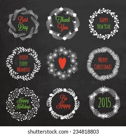 Set of Christmas wreaths on chalkboard . Vector illustration